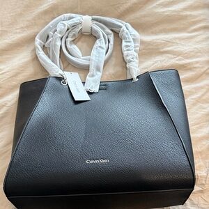 Calvin Klein Black Textured Leather Tote with Logo